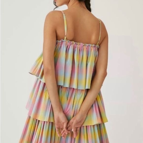 Anthropologie Beatrice B Rainbow Tiered Mini Dress Pleated Square Neck - Picture 2 of 5